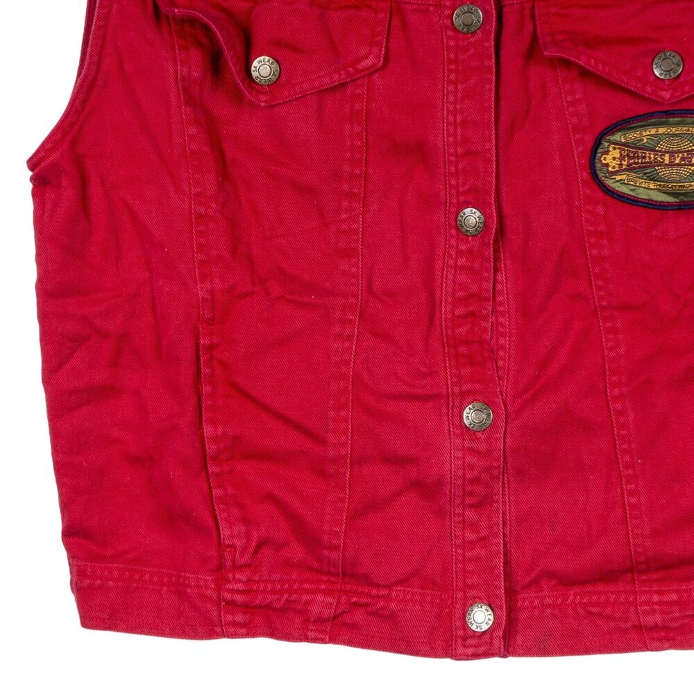 Boho Jean Vest VTG L Denim Red Buttons Embroidered Floral Grapes Indie Festival - Picture 4 of 6